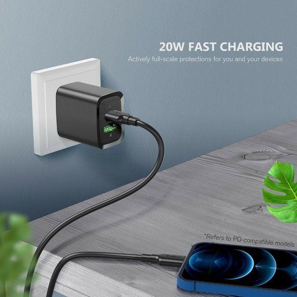 Esoulk Black 20W Fast Charger Dual USB C Wall Charger iPhone13/12/X/Galaxy/Note - Picture 4 of 6